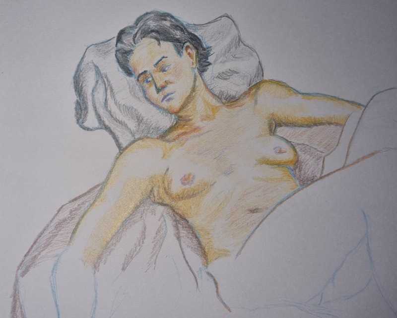 Woman, reclined, colour pencils (detail view)