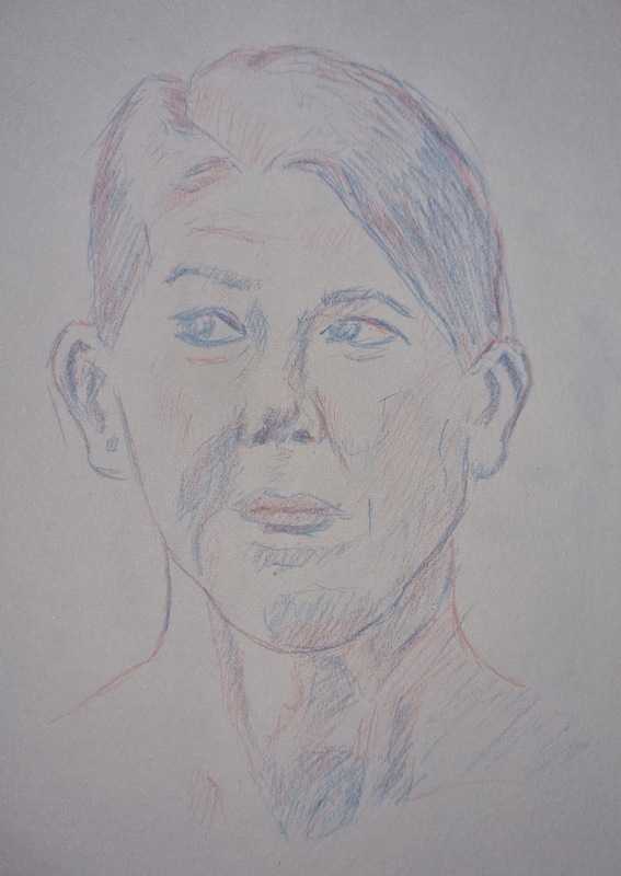 Woman, 2 of 2, portrait, red and blue pencil