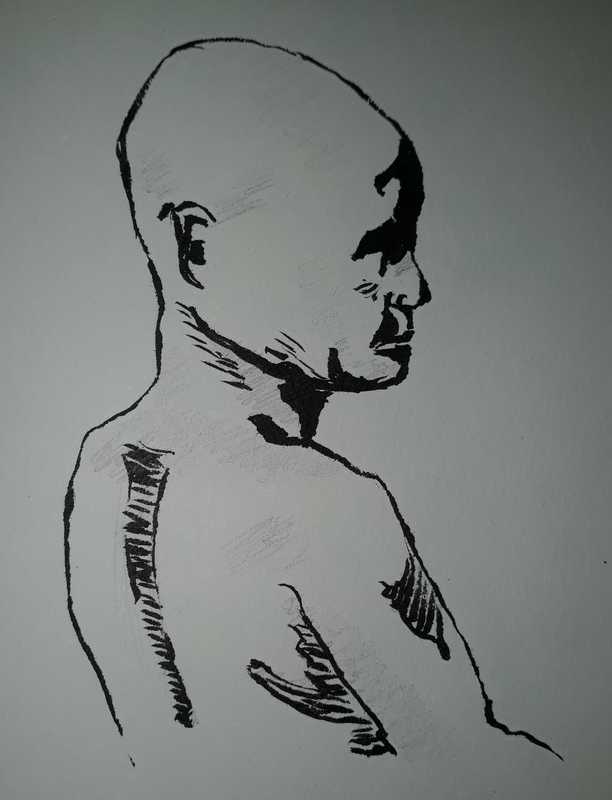 Woman, 5 of 5, portrait over shoulder, ink