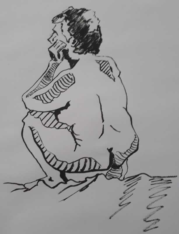Woman, 2 of 3, crouched (rear), ink