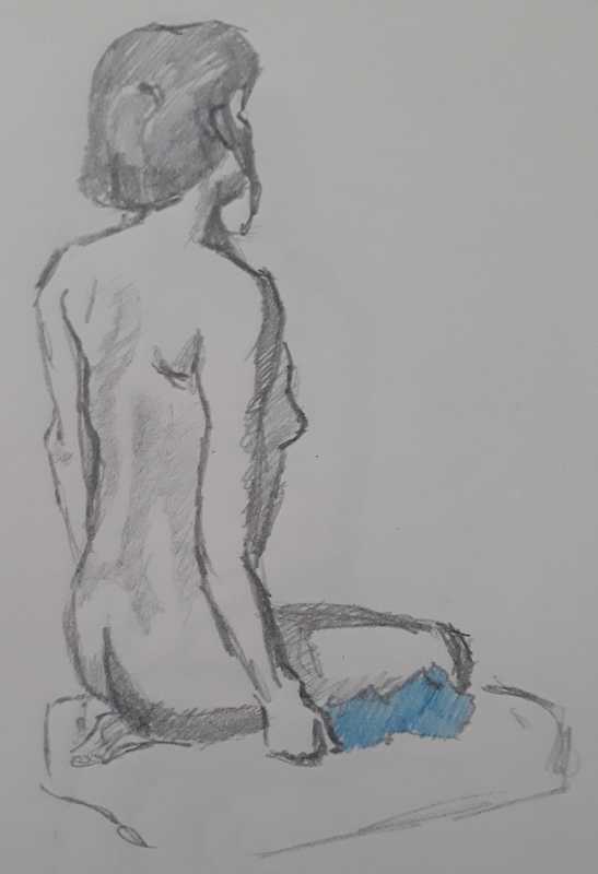 Woman, 2 of 4, seated (rear), pencil and coloured pencil