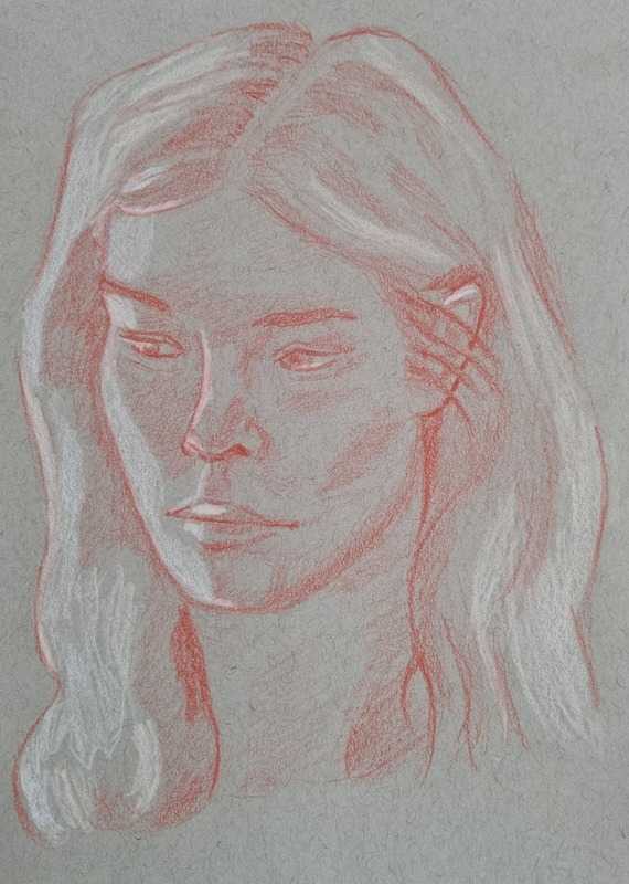 Woman, 2 of 3, portrait, colour pencil on grey