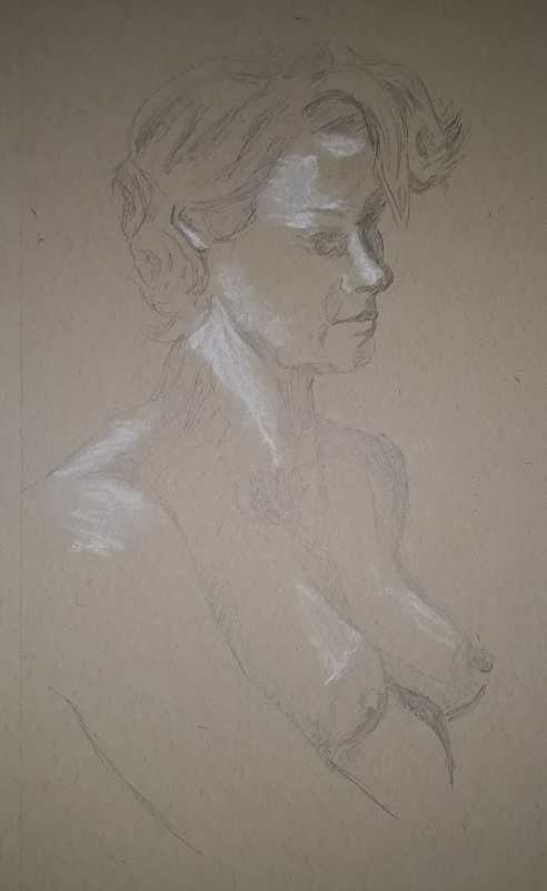 Woman, 3 of 4, torso, pastel pencil/pencil on tan paper