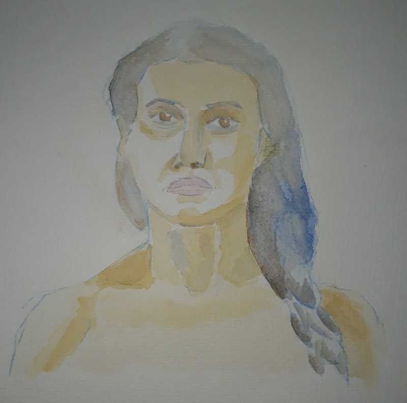 Woman, 4 of 4, portrait, blue pencil and watercolour