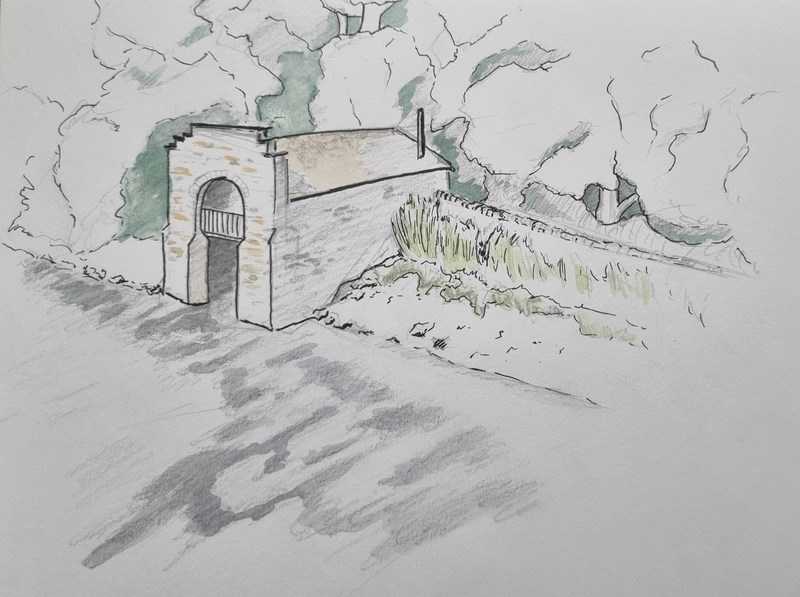 Boathouse, pencil, ink, and watercolour