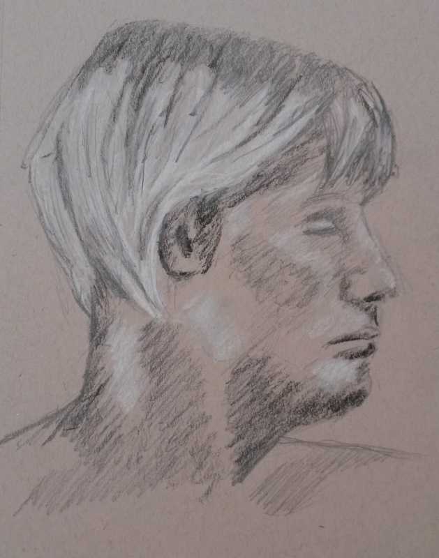 Woman, 1 of 6, portrait, conte and pencil on brown paper