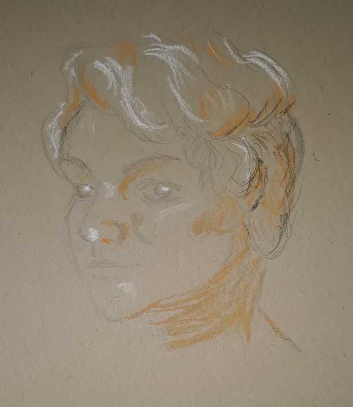 Woman, 1 of 4, portrait, pastel pencil/pencil on tan paper