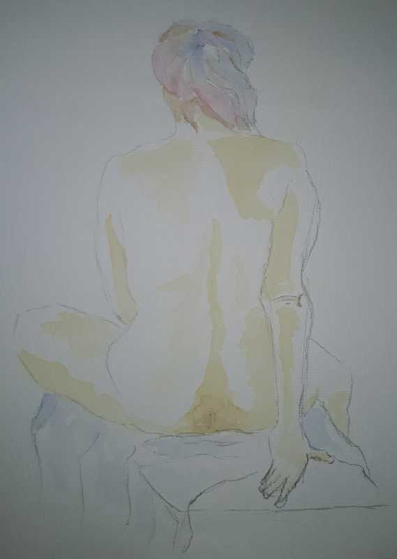 Woman, 1 of 3, seated (rear), pencil/watercolour