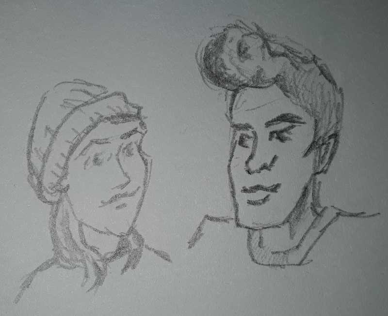 Couple seen on tram, pencil