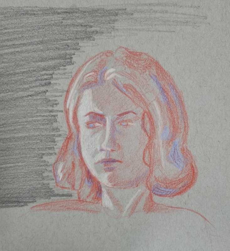 Woman, 2 of 2, portait, colour pencil on grey