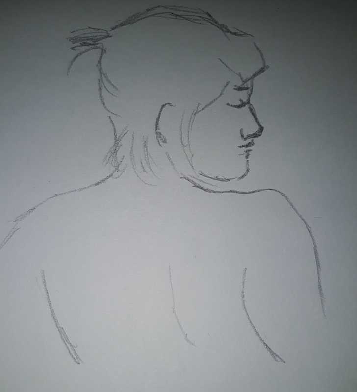 Woman, 2 of 2, portrait over shoulder, pencil