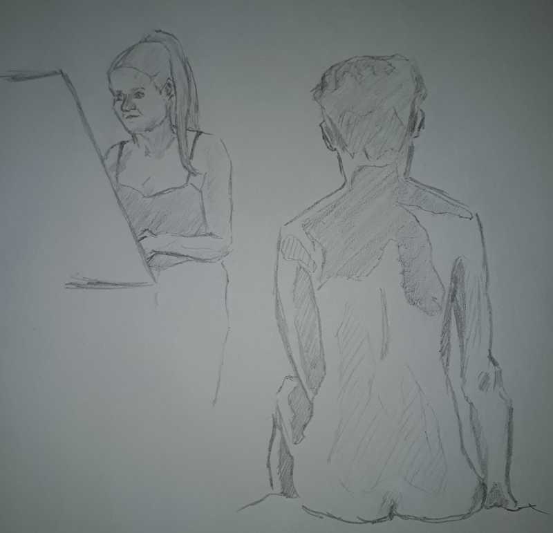 Woman, 6 of 8, seated (rear, with artist), pencil