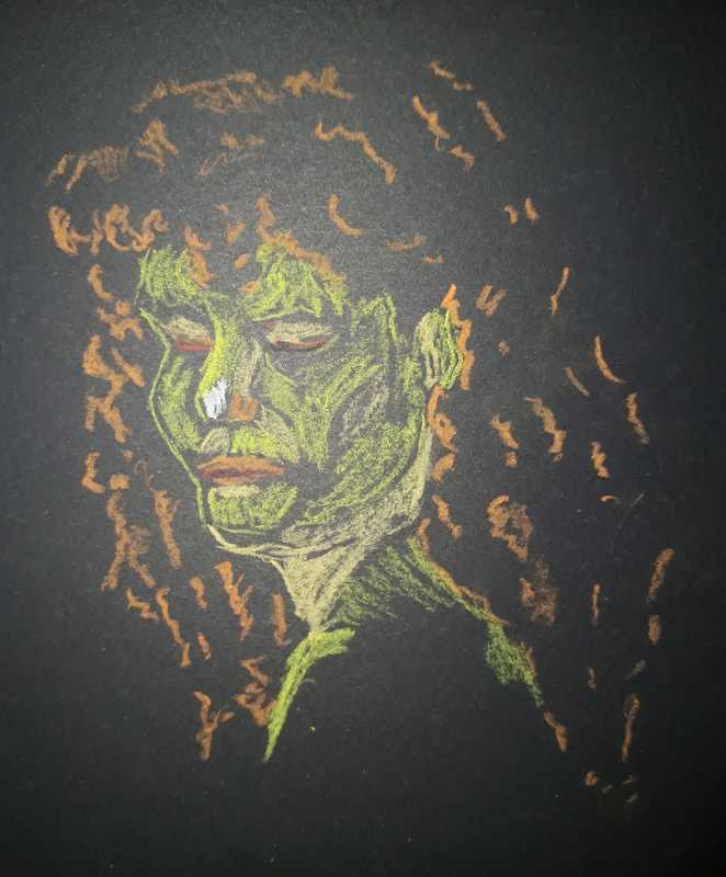 Woman, 1 of 3, portrait, pastel pencil on black paper