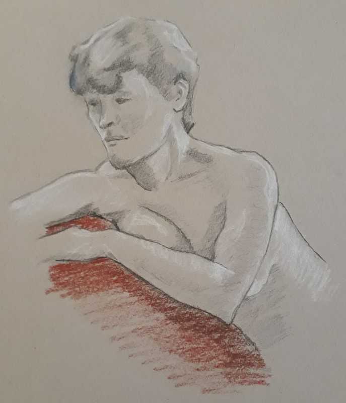 Woman, 4 of 4, portait and torso, penil and conte on tan paper