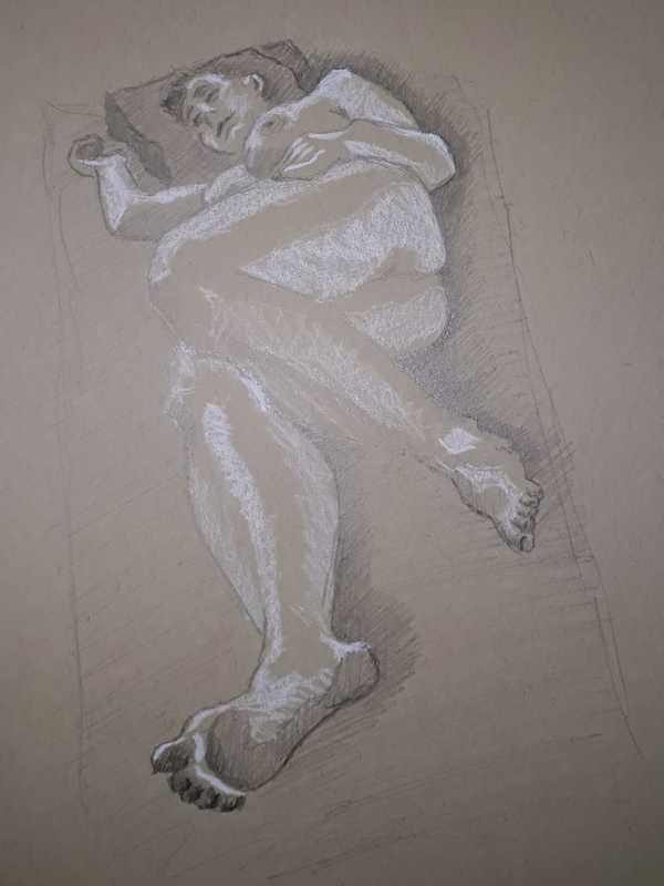 Woman, 1 of 6, reclined, pencil/conte on tan paper