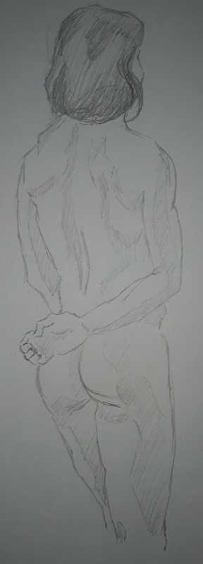 Woman, 1 of 4, standing (rear), pencil