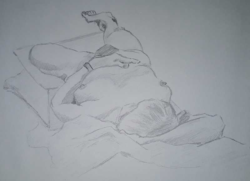 Woman, 3 of 5, reclined (foreshortend), pencil