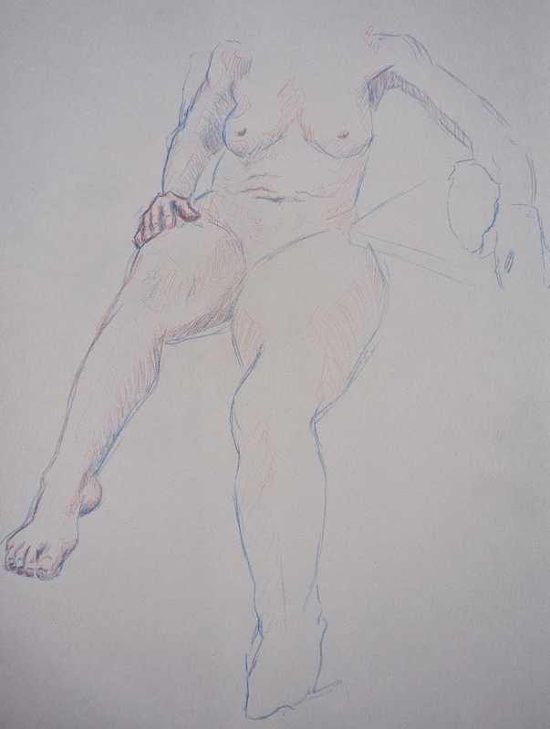 Woman, 1 of 2, sitting, red and blue pencil