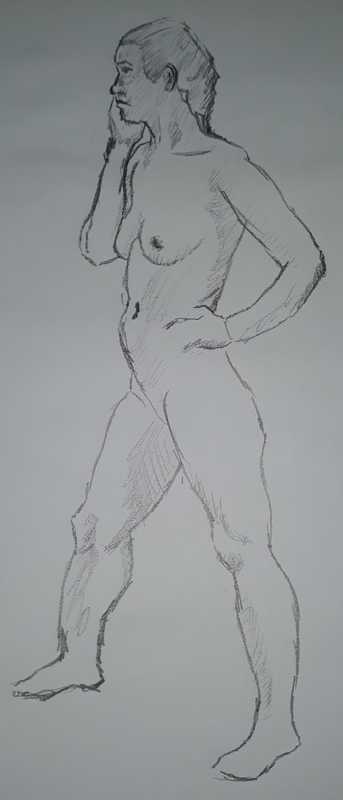 Woman, 1 of 3, standing, pencil