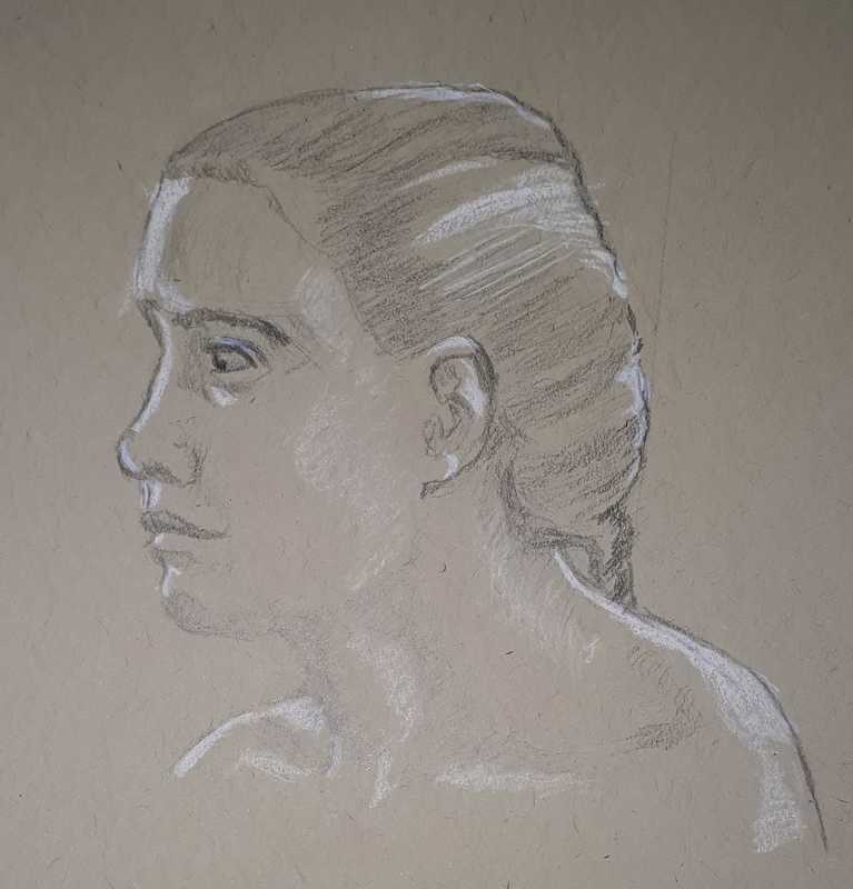 Woman, 2 of 3, portrait, pencil and conte on tan paper