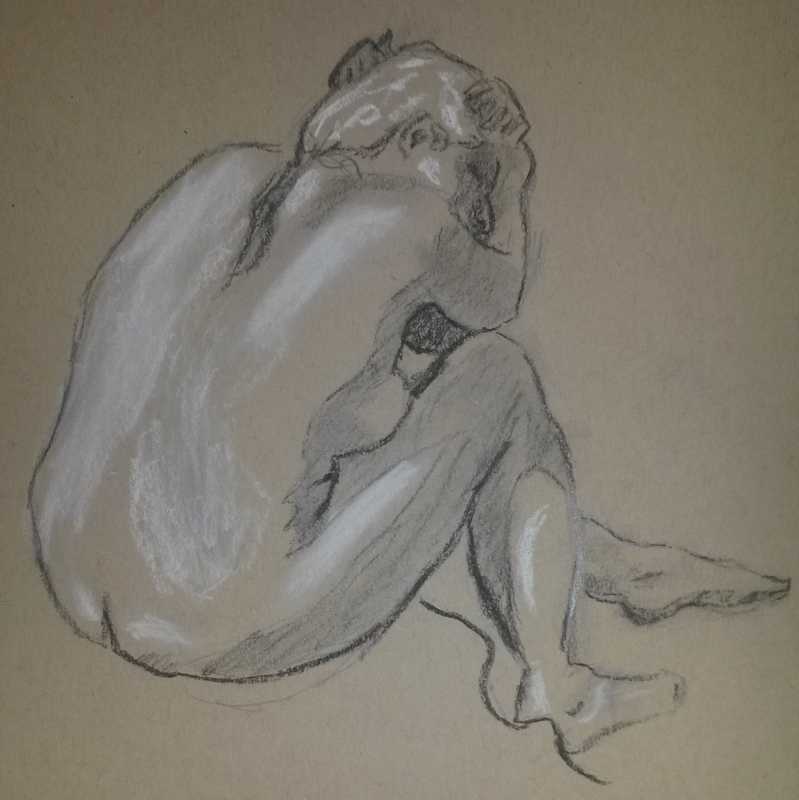 Lady seated, rear, brown paper