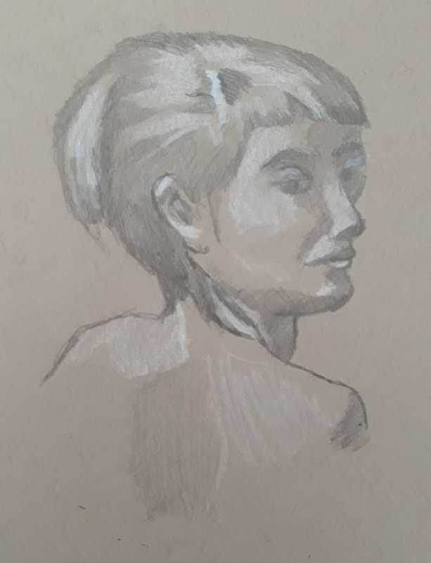 Woman, 4 of 4, portrait (over shoulder), pencil and conte on tan paper