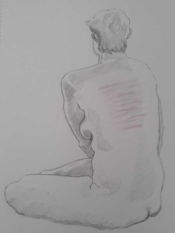 Woman, 3 of 4, seated (rear), pencil and coloured pencil