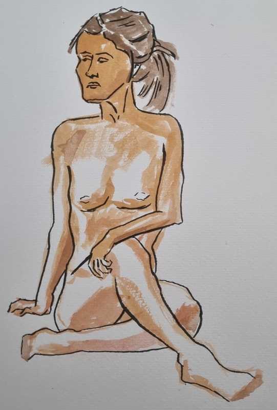 Woman, 1 of 2, seated, watercolour and ink