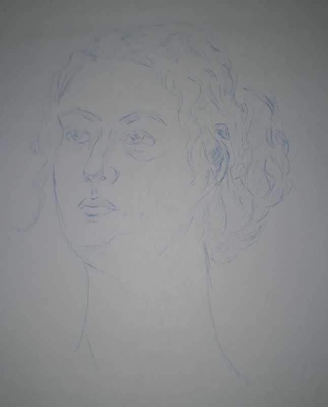 Woman, 1 of 3, portrait, blue pencil