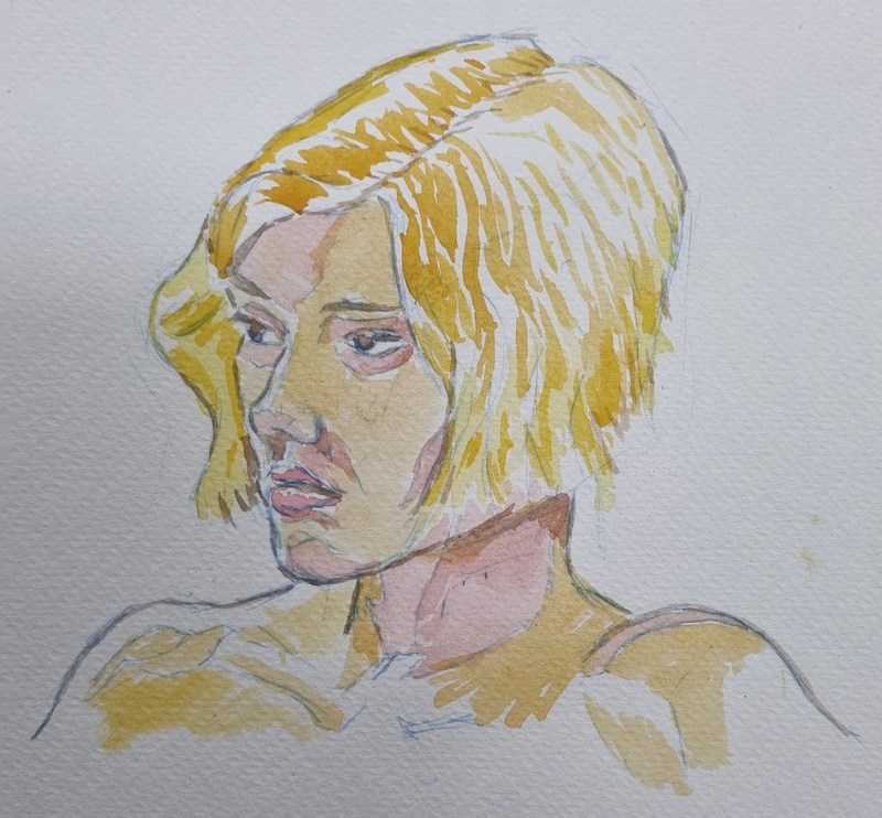 Woman, 1 of 2, portrait, blue pencil and watercolour