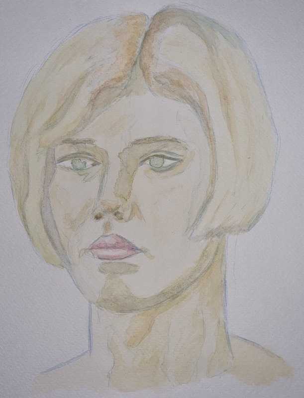 Woman, portrait, blue pencil/watercolour